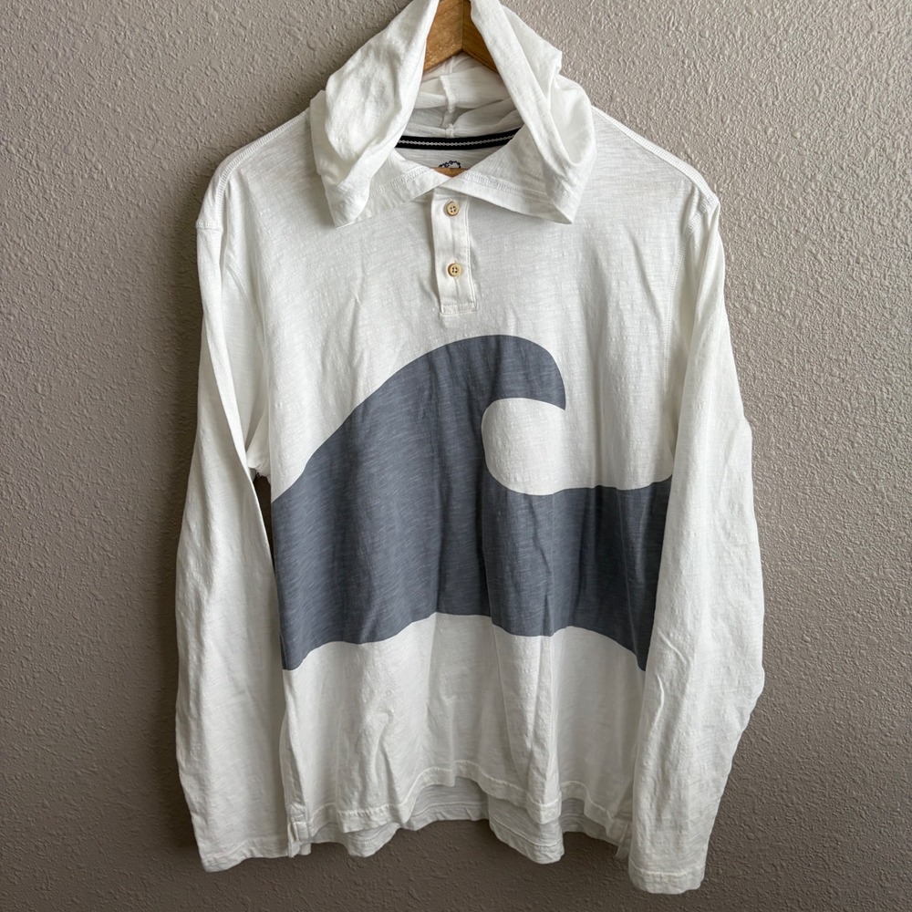 Surfside Supply White Hooded Long Sleeve Henley Cotton Surf Wave Print Shirt L